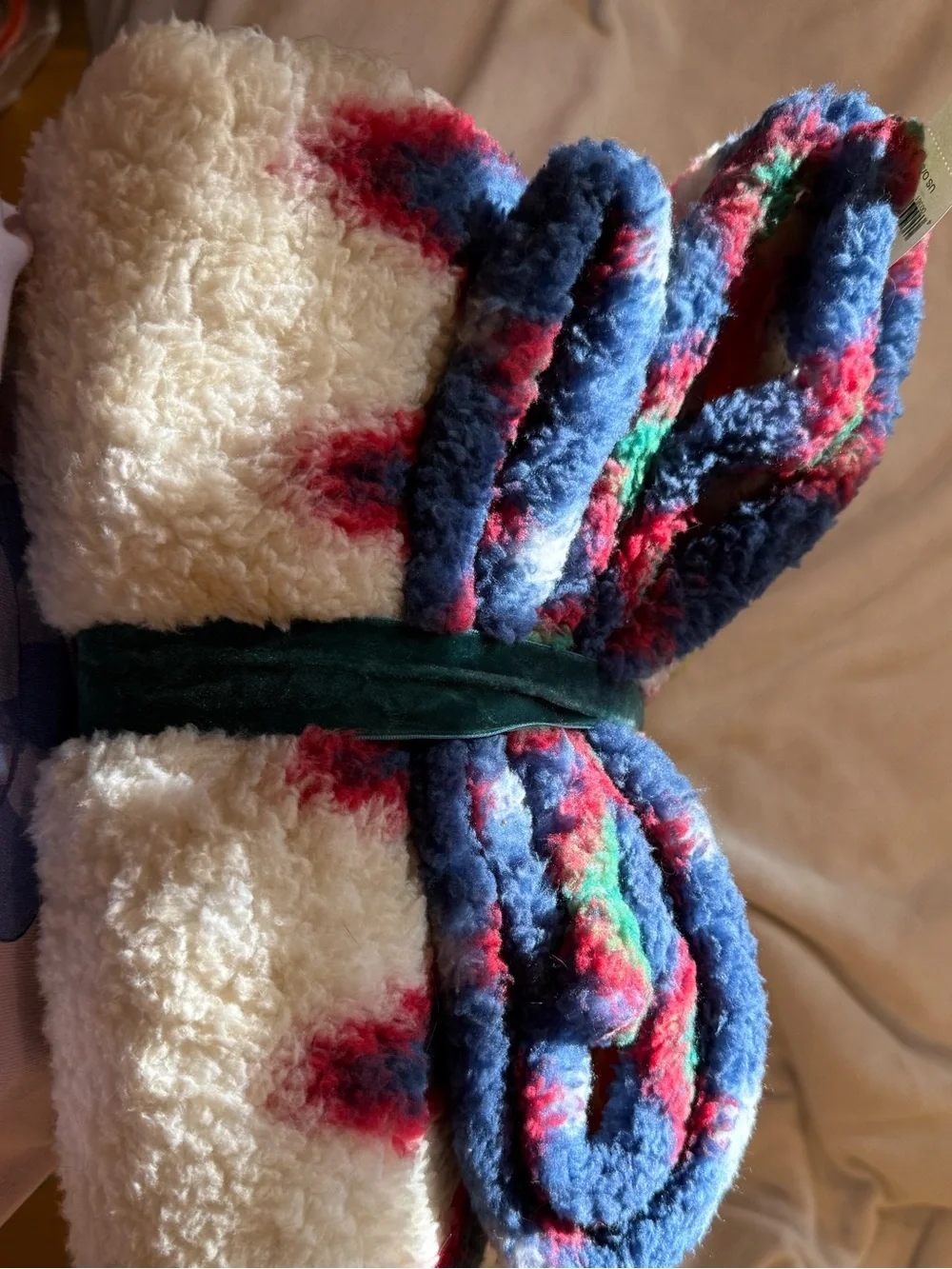 Aerie NWT Cozy Colorful Sherpa Throw with Teal Ribbon